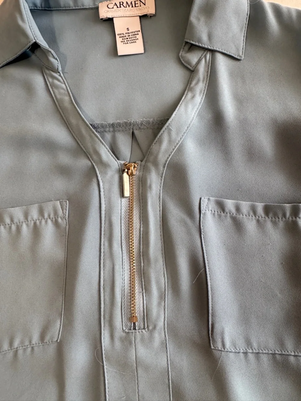 Blue Zip-Front Cap Sleeve Blouse - Picture 10 of 10